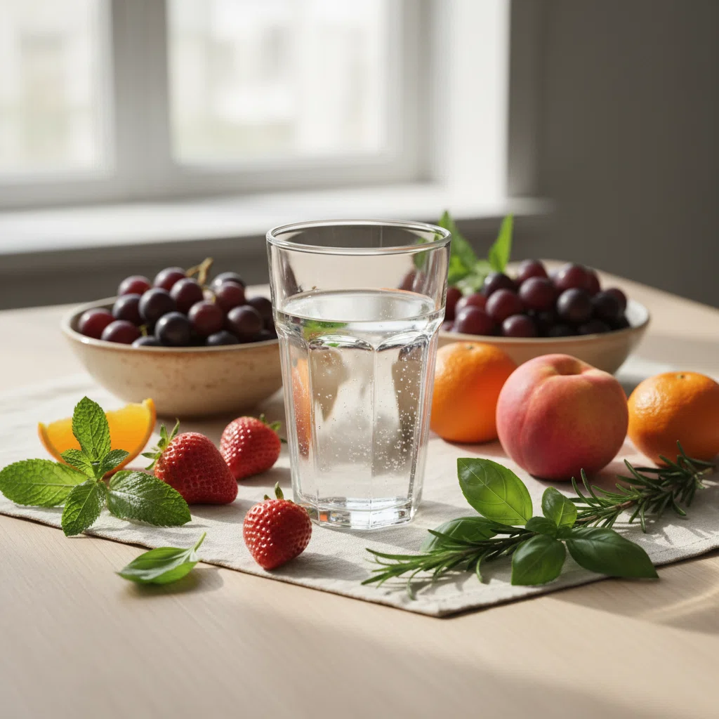 Anonymous person from behind at a bright kitchen table, hands around a warm mug, supplement box on table - morning wellness scene